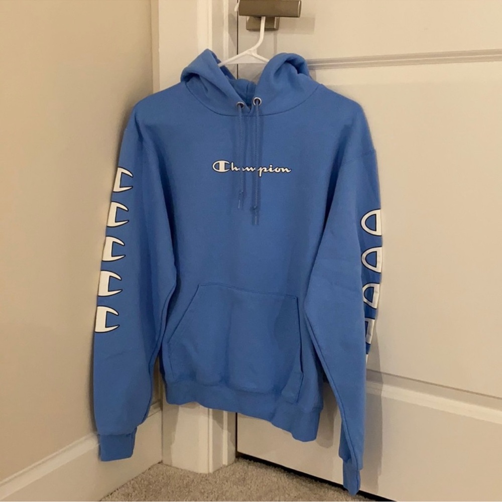 Champion Blue Hoodie Sweatshirt with White Logos